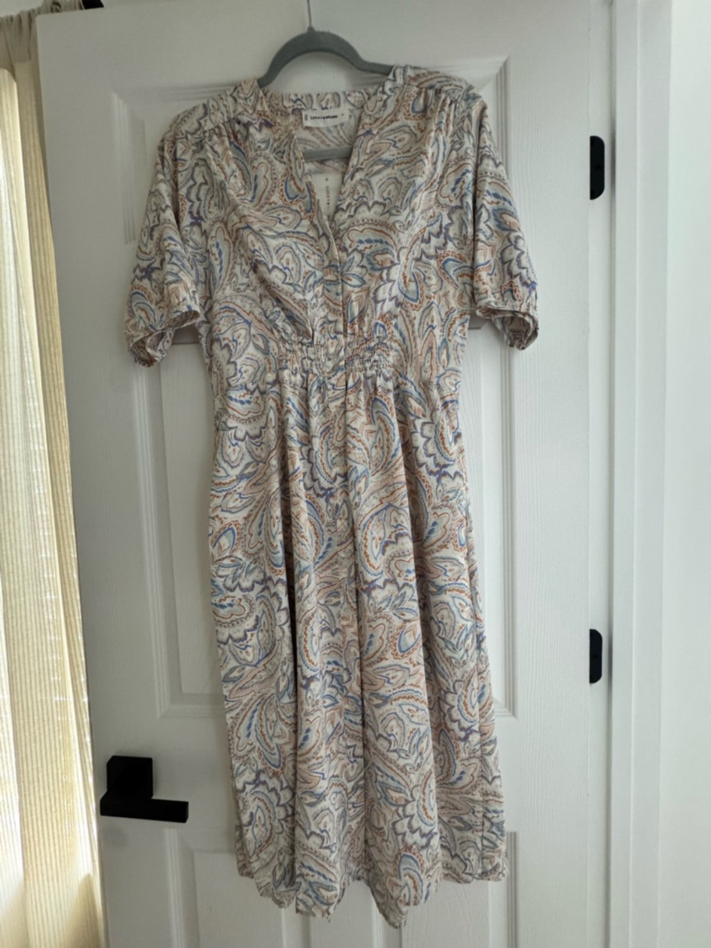 Lucky Brand Cream Paisley Midi Dress with Blue and Tan Accents